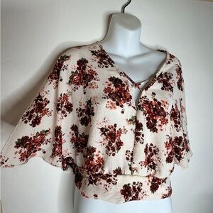 Fashion Nova Cream Burgundy Floral Open Back Tie Top Size Large